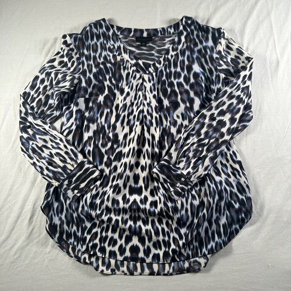 Worthington Women's Petite Medium Leopard Print V-Neck Blouse White Blue Top